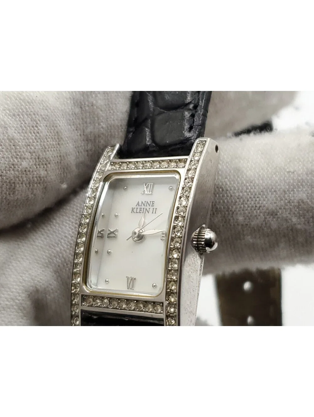 Anne Klein II MOP Dial Rhinestone Bezel Tank Syle Quartz Watch New Battery 16mm